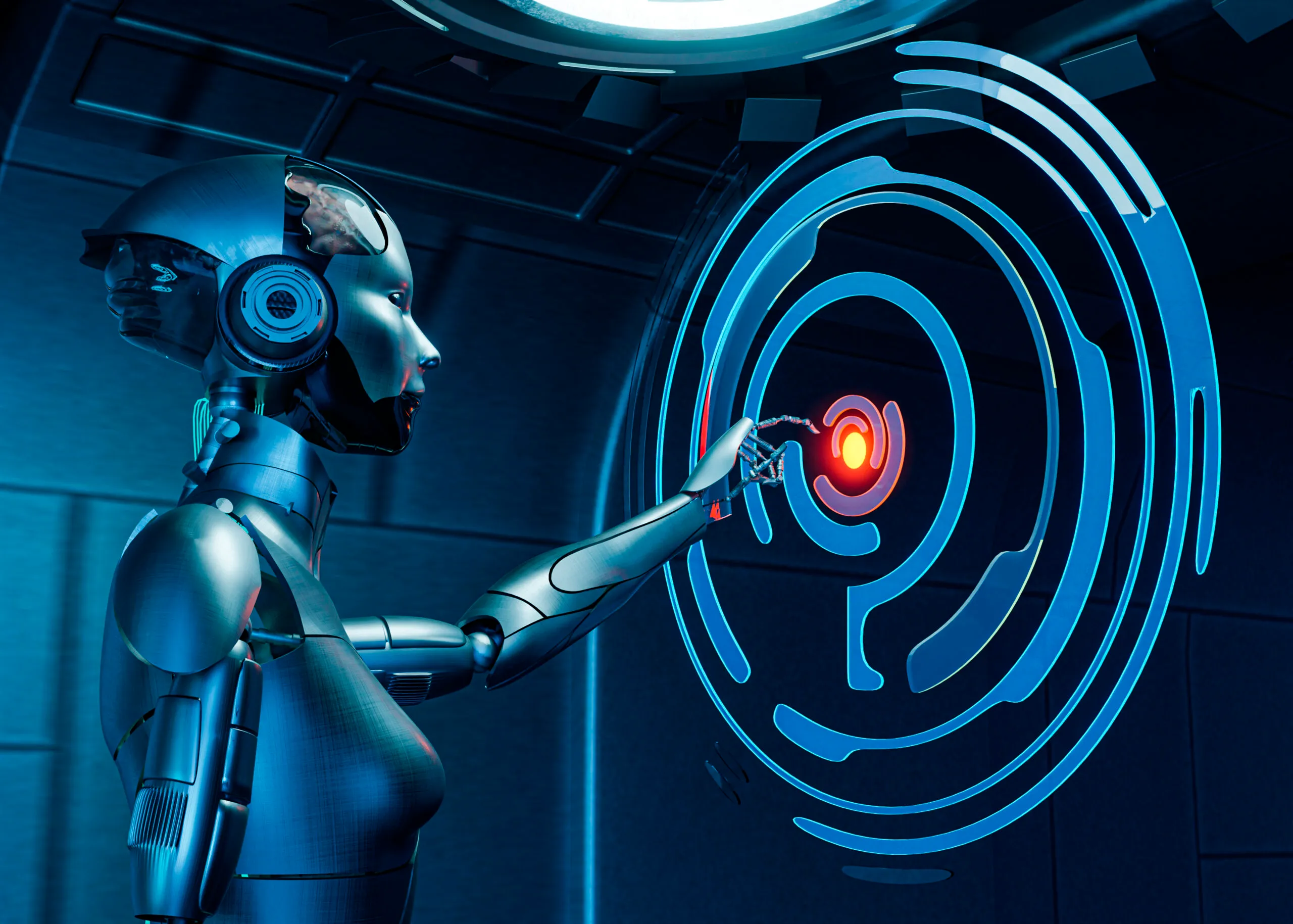 A 3D render of a humanoid robot, representing AI taking on work inside a small business