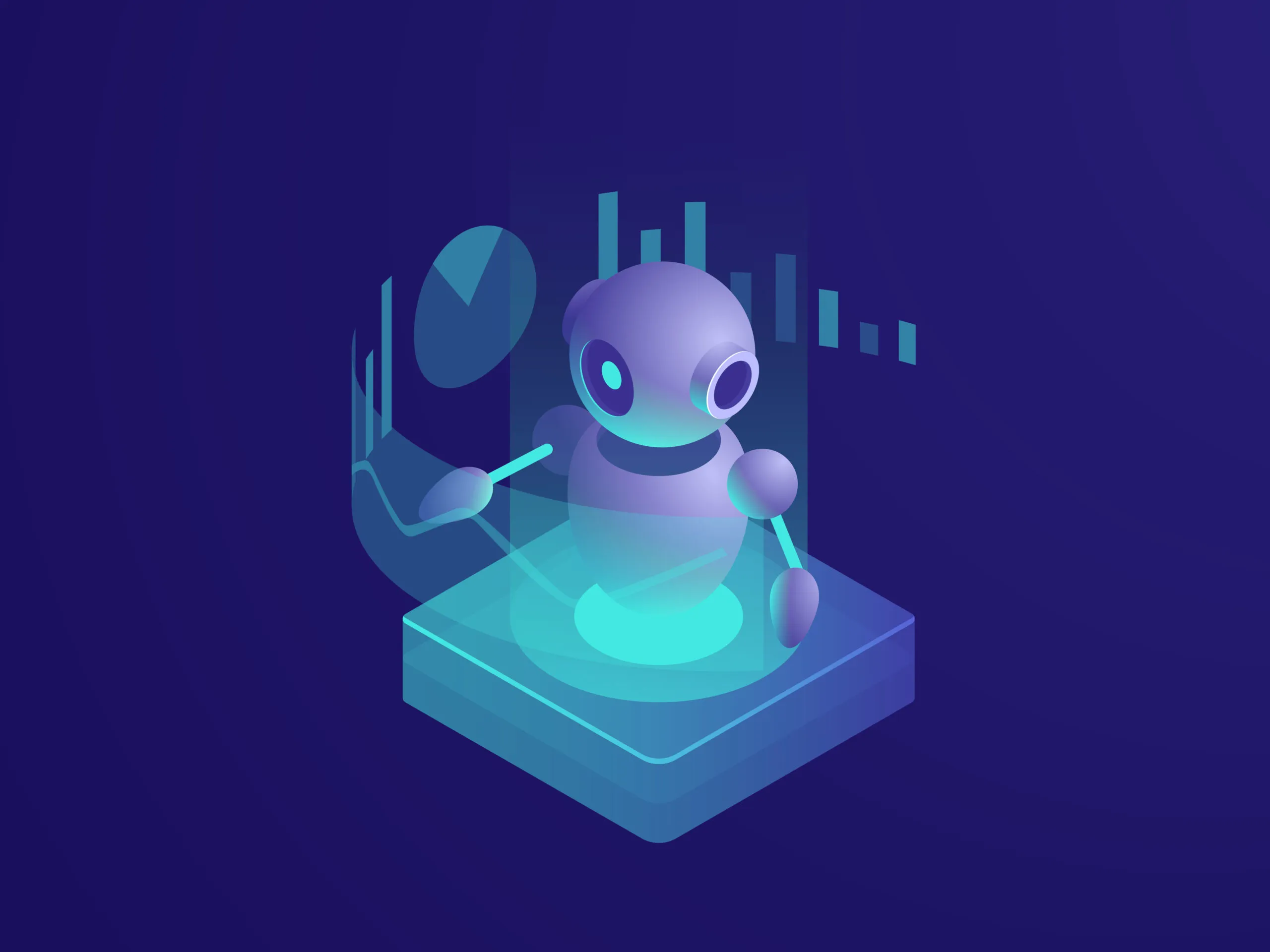 A robot analysing data reports and schedules, representing automated AI workflows