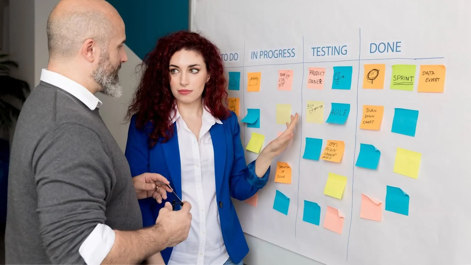 A fintech team planning sprint tasks on a kanban board