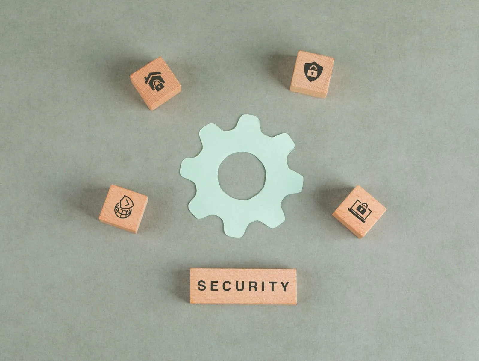 A fintech security concept with a gear icon and data-protection symbols