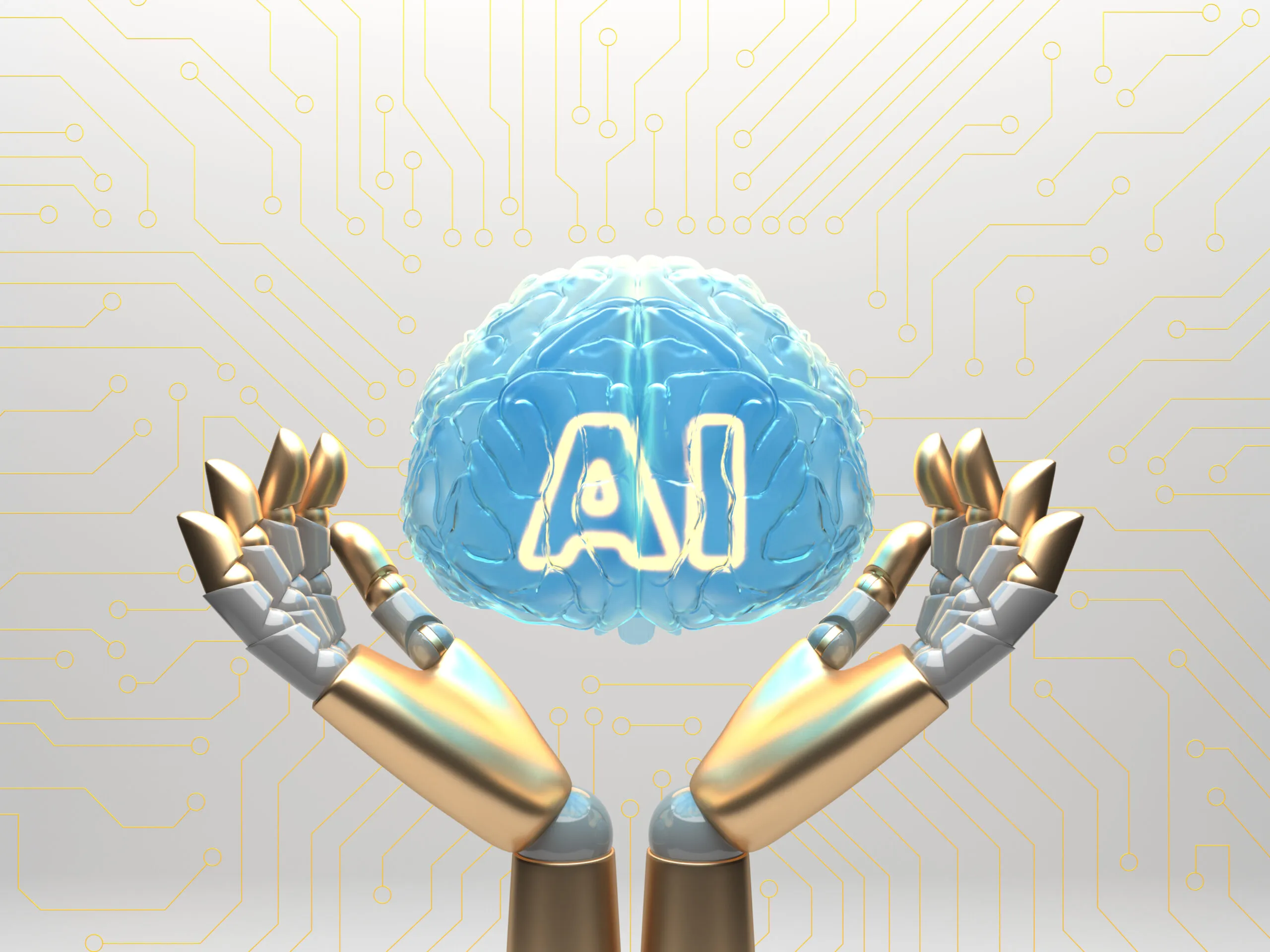 Robotic arms reaching into a cloud AI system, illustrating the build-or-buy decision