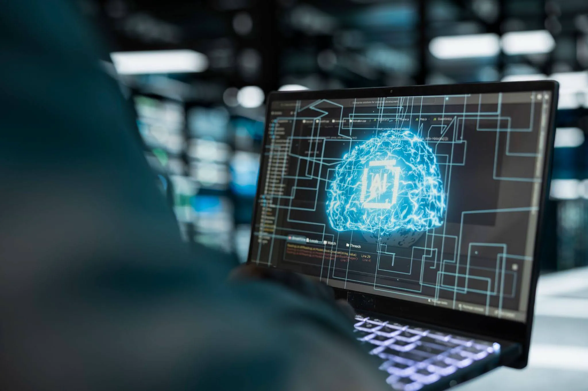 AI governance concept showing artificial intelligence monitoring, compliance, and secure data management on a laptop.