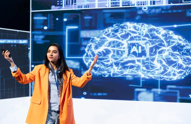 IT technician presenting artificial intelligence innovations