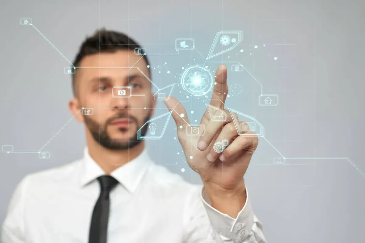AI pilot to production concept showing a business professional interacting with an AI workflow interface.
