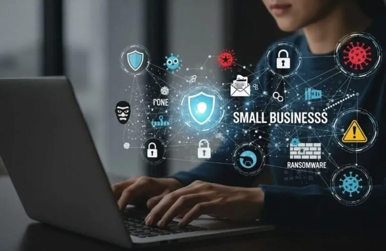An illustration of common cybersecurity threats, such as phishing and ransomware.