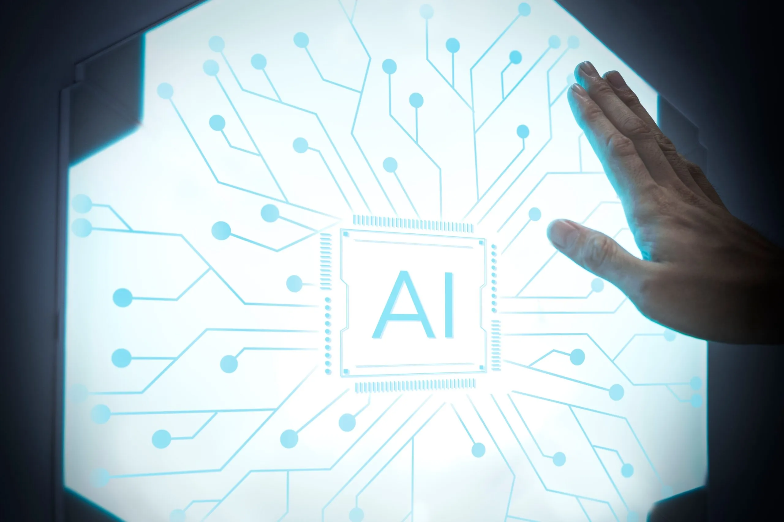 A futuristic AI microchip, representing advanced AI innovation