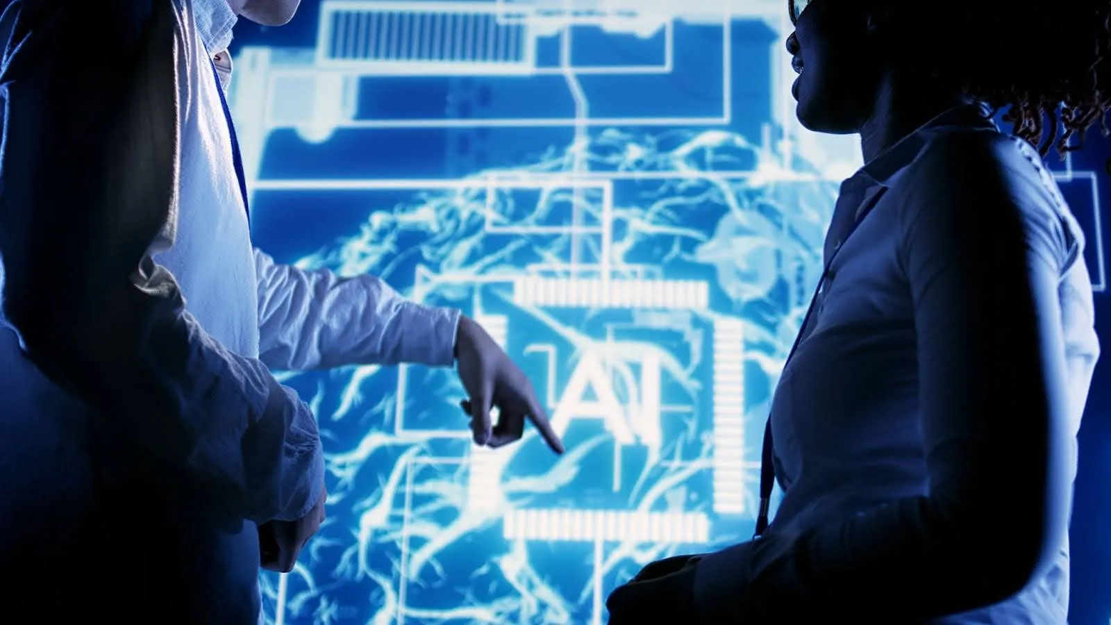 AI in fintech risk analysis concept with experts reviewing machine learning data and financial intelligence dashboard