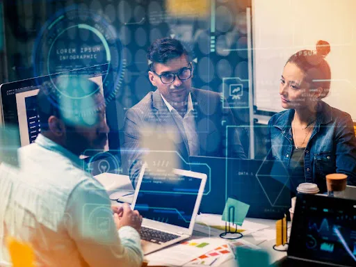 Business team evaluating AI license costs and technology spending