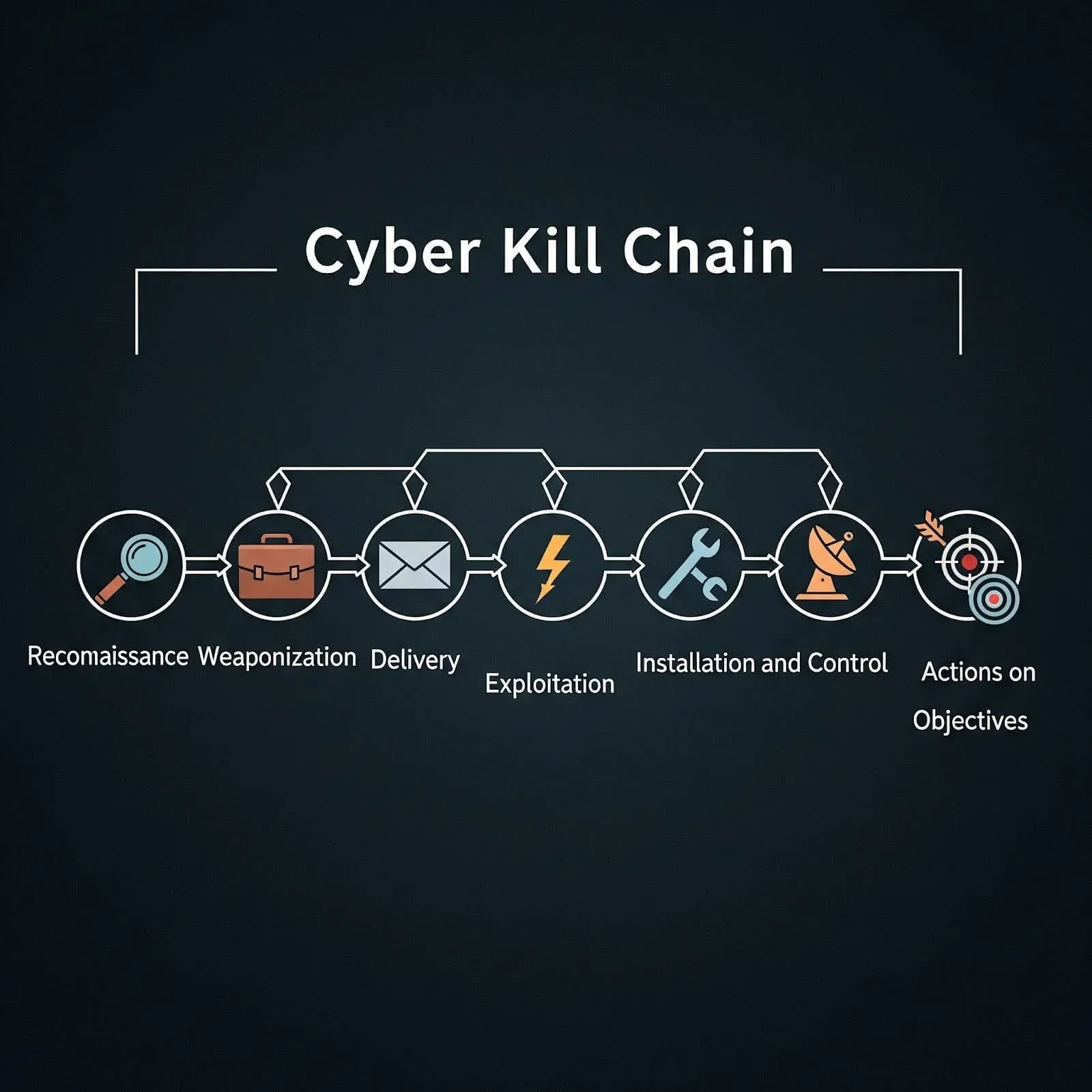 An illustration of the cyber kill chain and the stages an attacker moves through