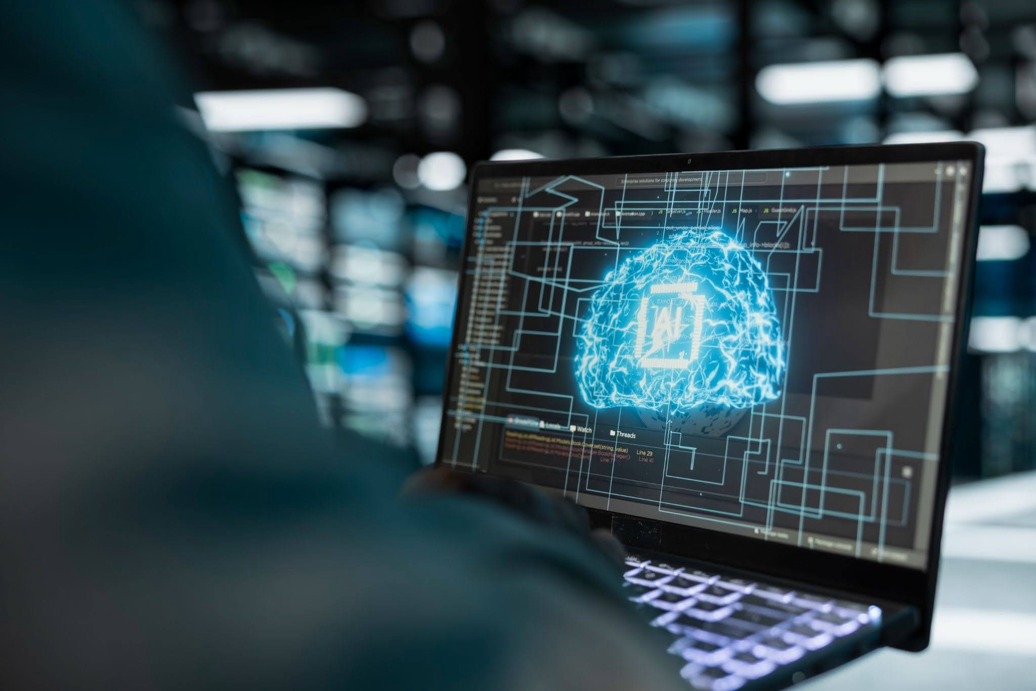AI governance concept showing artificial intelligence monitoring, compliance, and secure data management on a laptop.